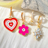 Y2k Pink Flower Heart Zircon Hoop Earrings Set For Women