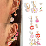 Y2k Pink Flower Heart Zircon Hoop Earrings Set For Women