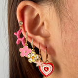 Y2k Pink Flower Heart Zircon Hoop Earrings Set For Women