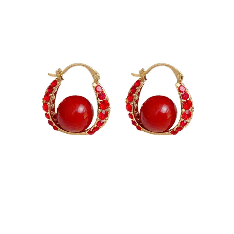 Festive Red Pearl Zircon Earrings Light Earrings