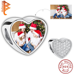 925 Sterling Silver CZ Heart Photo Charm Bead for Bracelet Necklace DIY