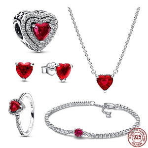 Red Love Ring Earrings Necklace Bracelet Set 925 Sterling Silver Jewelry
