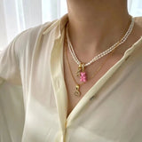Zircon Resin Bear Pendant Heart Choker Necklace