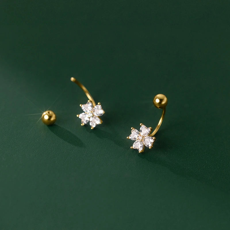 Zircons 4 Petals Flower Earrings 925 Sterling Silver Ear Hook