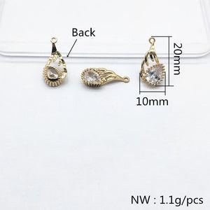 Copper/Zircon Feather Drop Earrings Charm, DIY Jewelry Findings