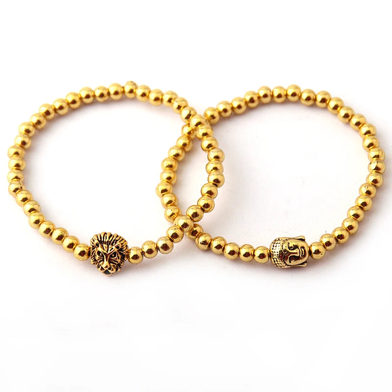 Lion and Buddha Charm Alloy Bead Bracelet - Unisex Jewelry