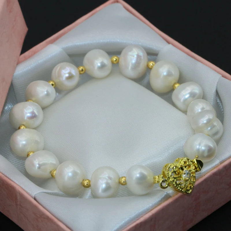 Fashionable Pearl Bracelet with Gold Clasp, 10-11mm Round Beads - B2755