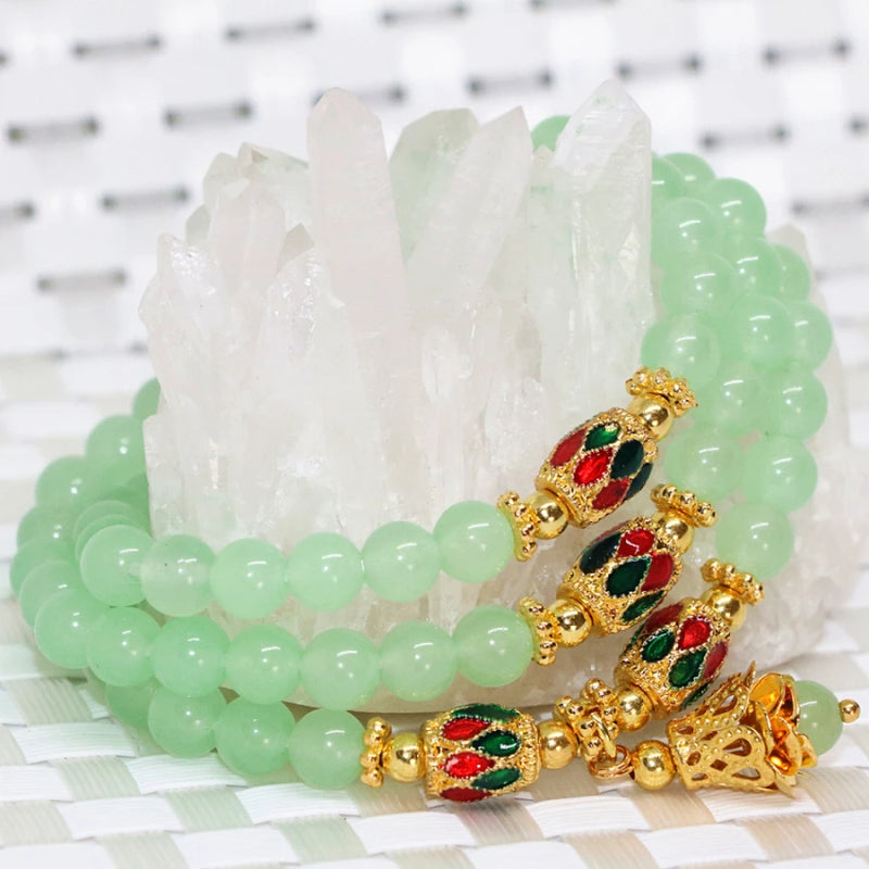 Gold Multilayer Bracelets with Light Green Jade Stone Chalcedony Beads