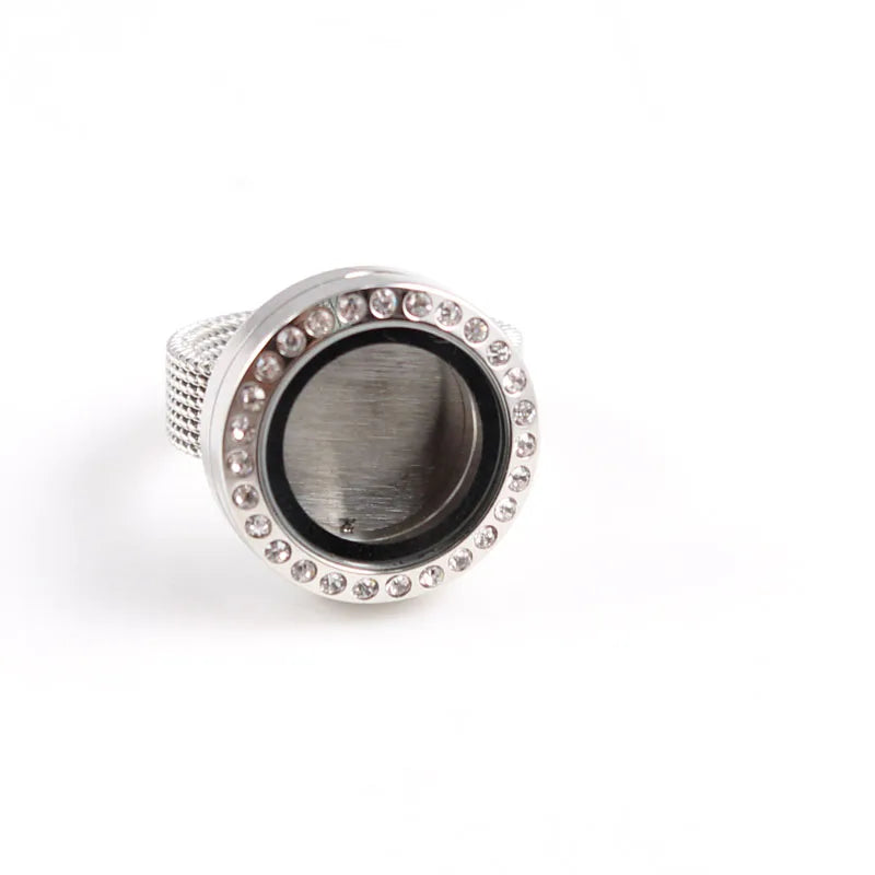Stainless Steel Magnetic Floating Locket Ring with Crystals