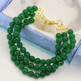 Green Faceted Round 6mm Jade Stone Chalcedony 3 Rows Bracelet