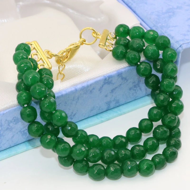 Green Faceted Round 6mm Jade Stone Chalcedony 3 Rows Bracelet