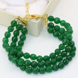 Green Faceted Round 6mm Jade Stone Chalcedony 3 Rows Bracelet