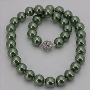 12mm Army Green Shell Pearl Beads Necklace with Magnet Clasp