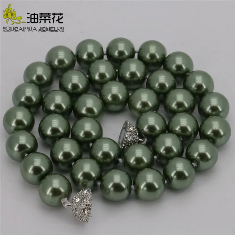 12mm Army Green Shell Pearl Beads Necklace with Magnet Clasp