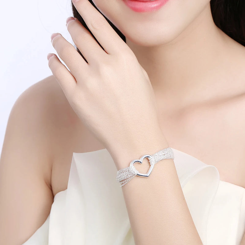 925 Sterling Silver Heart Tassel Lock Bracelet Chain Jewelry Women Gift