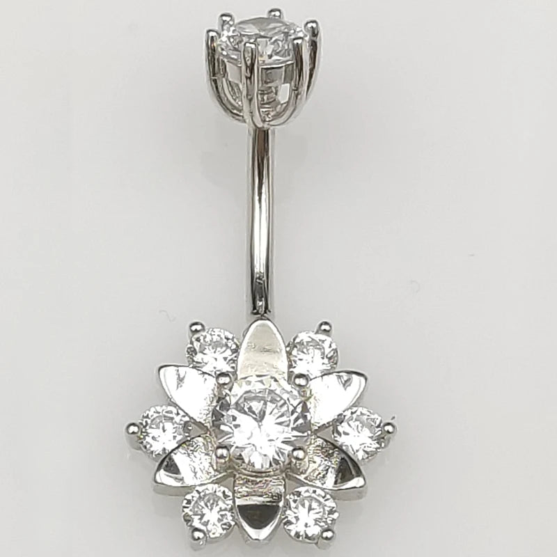 925 Sterling Silver Flower Belly Ring CZ Navel Piercing