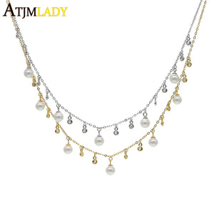 Women's Freshwater Pearl Choker Necklace 925 Silver CZ Statement Jewelry