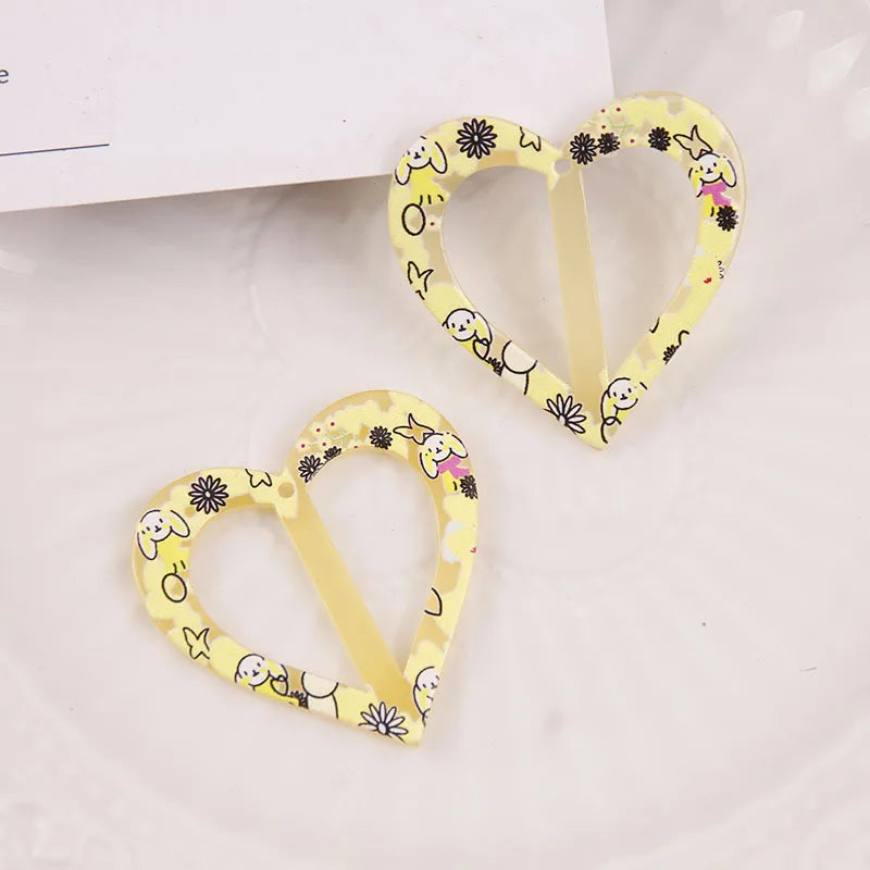 50pcs Flowers Pattern Print Hearts Shape Acrylic Beads DIY Jewelry