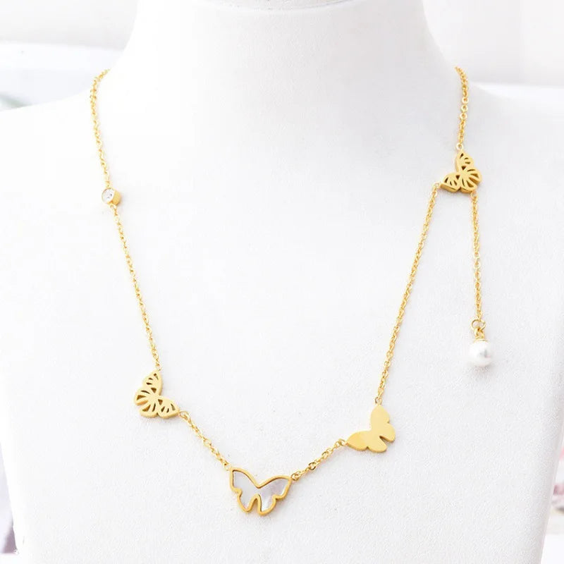 Butterfly Titanium Steel Necklace Female Pearl Clavicle Chain