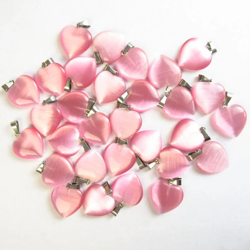 Cat's Eye Stone Pink Heart Shape Pendants 20mm DIY Jewelry Making 24pcs
