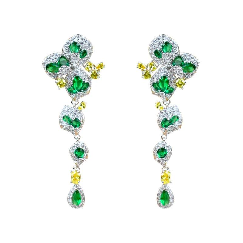 Green Zircon Three-Leaf Flower Earrings for Women