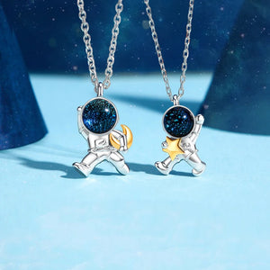 Silver Astronaut Moon Pendant Necklace Jewelry