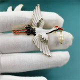 Crane Brooch Enamel Pearl Pin Chinese Retro High-end Fashion Accessory