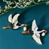 Crane Brooch Enamel Pearl Pin Chinese Retro High-end Fashion Accessory