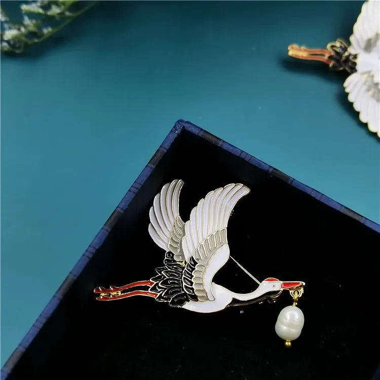 Crane Brooch Enamel Pearl Pin Chinese Retro High-end Fashion Accessory