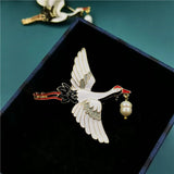 Crane Brooch Enamel Pearl Pin Chinese Retro High-end Fashion Accessory
