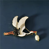 Crane Brooch Enamel Pearl Pin Chinese Retro High-end Fashion Accessory