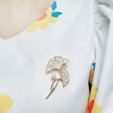 Elegant 14K Plated Pearl CZ Ginkgo Leaf Brooch