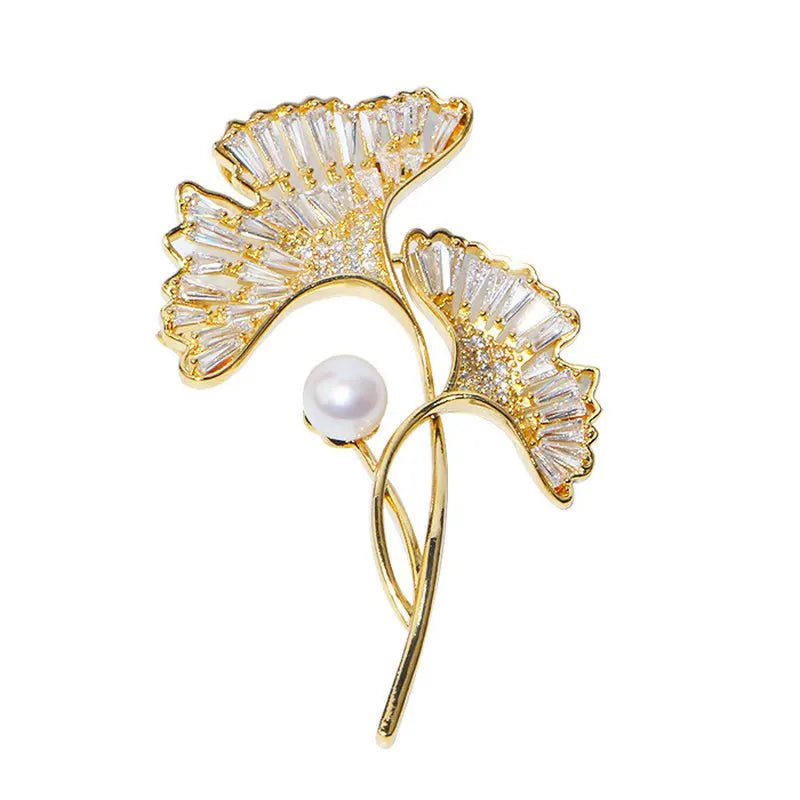 Elegant 14K Plated Pearl CZ Ginkgo Leaf Brooch