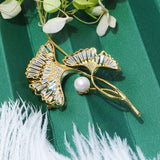 Elegant 14K Plated Pearl CZ Ginkgo Leaf Brooch