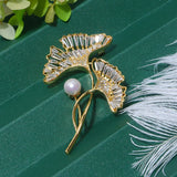 Elegant 14K Plated Pearl CZ Ginkgo Leaf Brooch