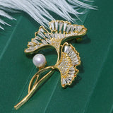 Elegant 14K Plated Pearl CZ Ginkgo Leaf Brooch