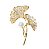 Elegant 14K Plated Pearl CZ Ginkgo Leaf Brooch