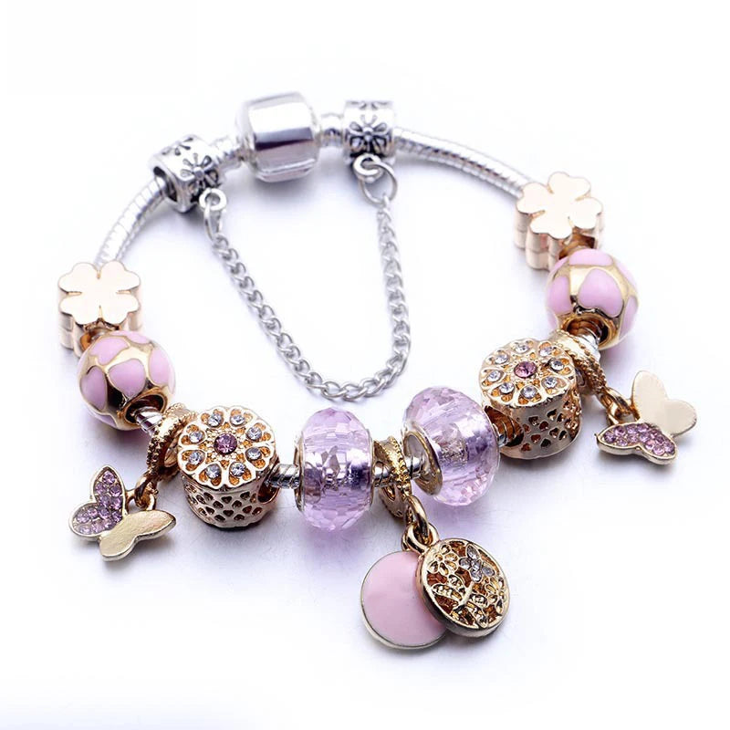 Crystal Ladies Bracelet DIY Feather Butterfly & Four-Leaf Clover Pendant