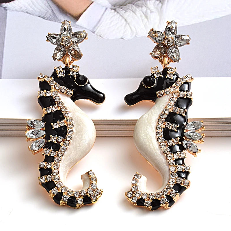 Seahorse Shaped Earrings Metal Crystals Drop Jewelry