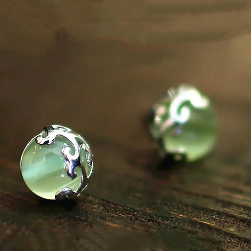 Natural Prehnite Round Earrings - Bohemian Silver Jewelry