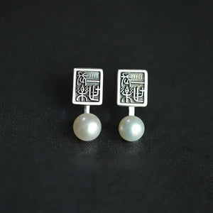 Chinese Pearl Earrings Silver Carved Square Design Retro Ladies Jewelry