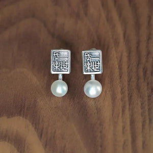 Chinese Pearl Earrings Silver Carved Square Design Retro Ladies Jewelry