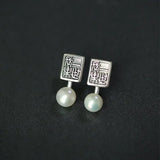 Chinese Pearl Earrings Silver Carved Square Design Retro Ladies Jewelry