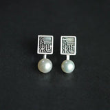 Chinese Pearl Earrings Silver Carved Square Design Retro Ladies Jewelry
