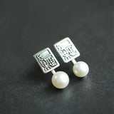 Chinese Pearl Earrings Silver Carved Square Design Retro Ladies Jewelry