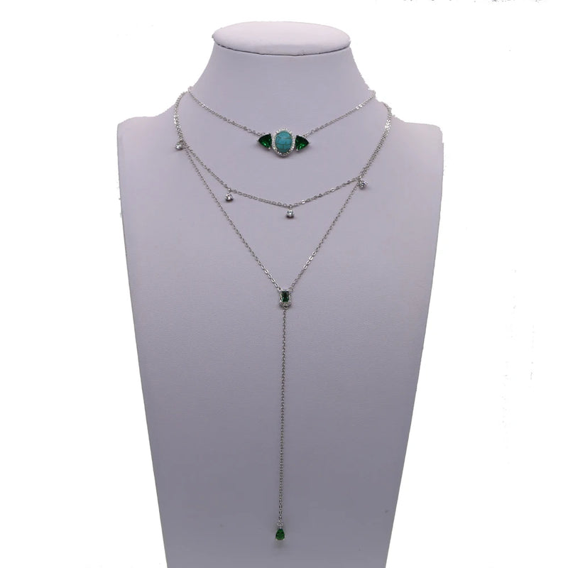 925 Silver CZ Choker Necklace with Green Crystal