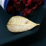 14K Plated Natural Pearl Leaf Brooch Lady Costume Jewelry Accessory