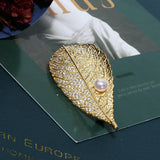 14K Plated Natural Pearl Leaf Brooch Lady Costume Jewelry Accessory