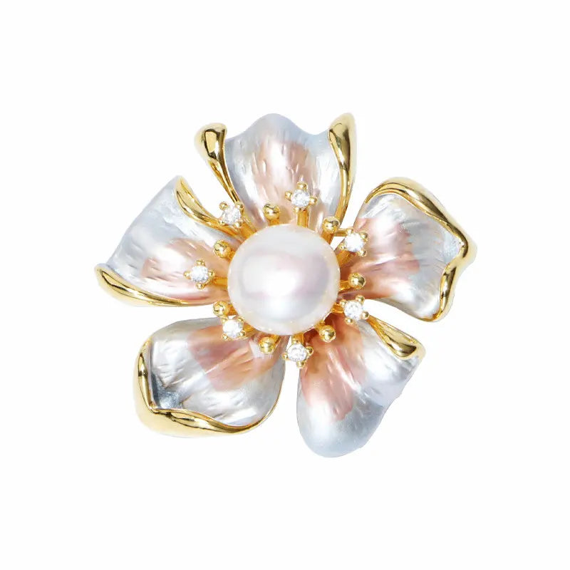 14K Plated Freshwater Pearl Flower Brooch Lady Costume Jewelry