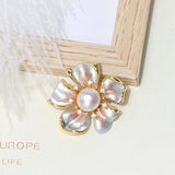 14K Plated Freshwater Pearl Flower Brooch Lady Costume Jewelry